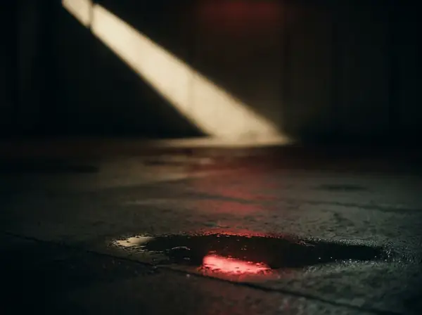 A single beam of warm light across a dark studio.