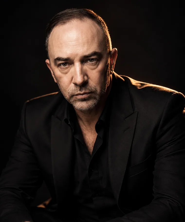 Portrait of Steven Hillen, the artist behind xobehtedistuO, in a black suit against a dark background